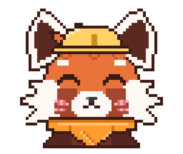 Canelle, le panda roux en pixels, avec un casque de chantier jaune